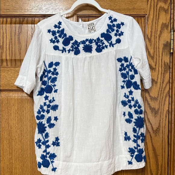 Sisley Tops - Sisley Floral Embroidered White and Blue Blouse